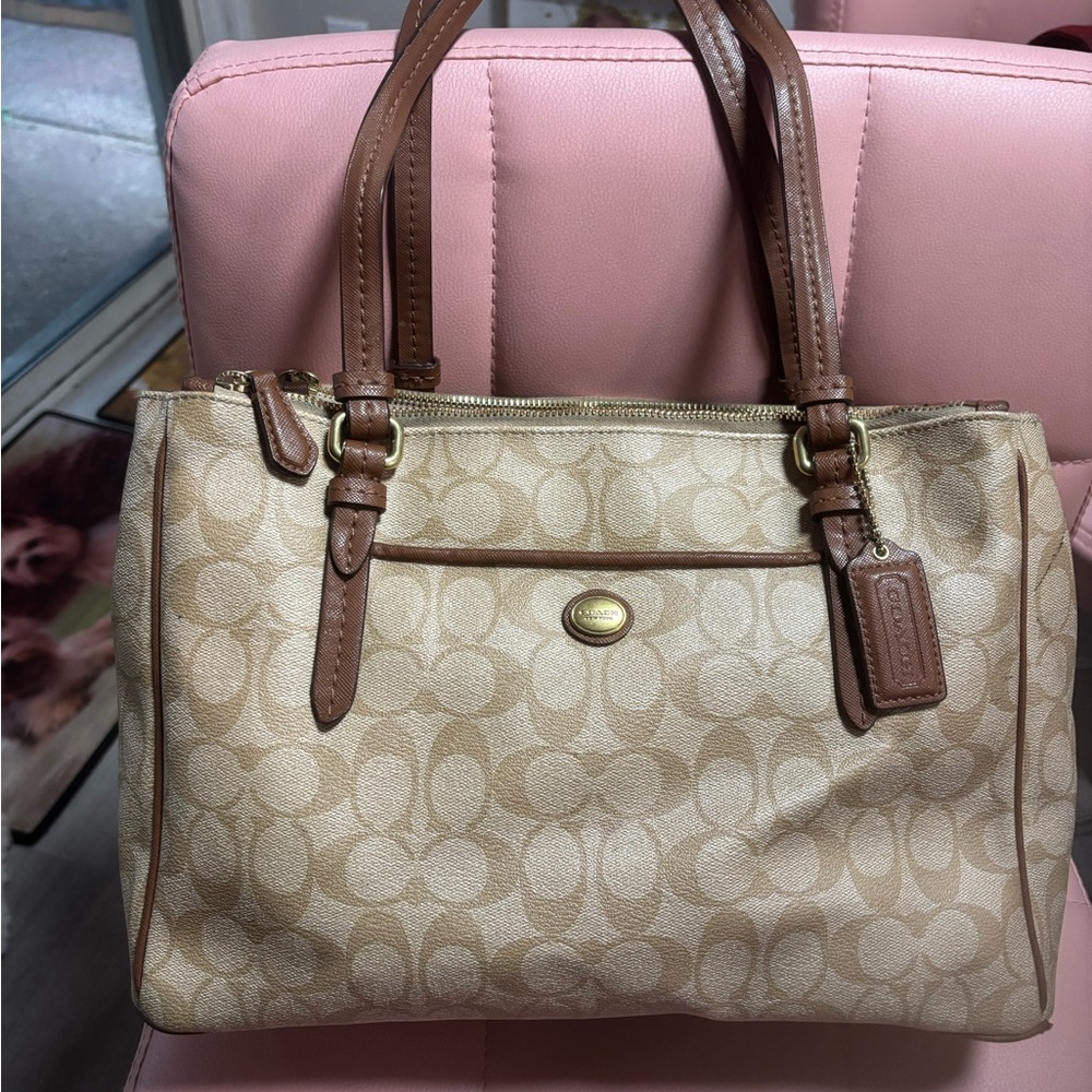 Coach Beige and Brown Signature Shoulder Bag